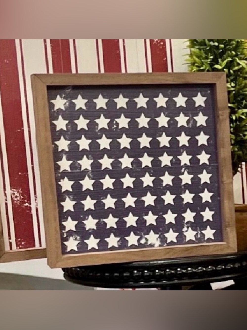 Rustic Wooden Frame Americana Navy Blue White Stars Picture 8”x8”